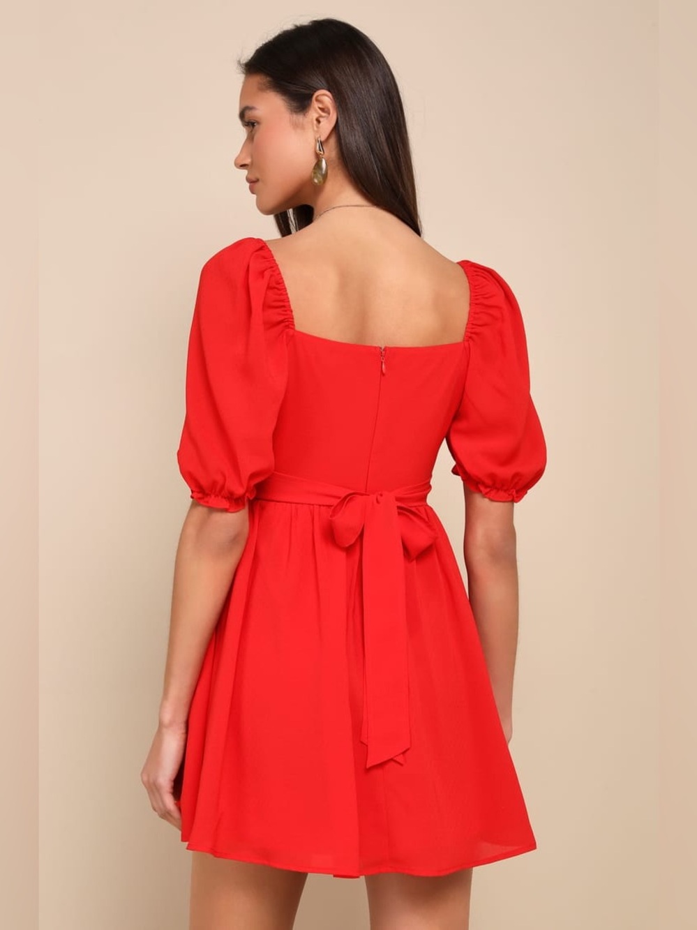 NWT LULUS Blissful Charm Red Puff Sleeve Notch Neck Mini Dress - Picture 2 of 9